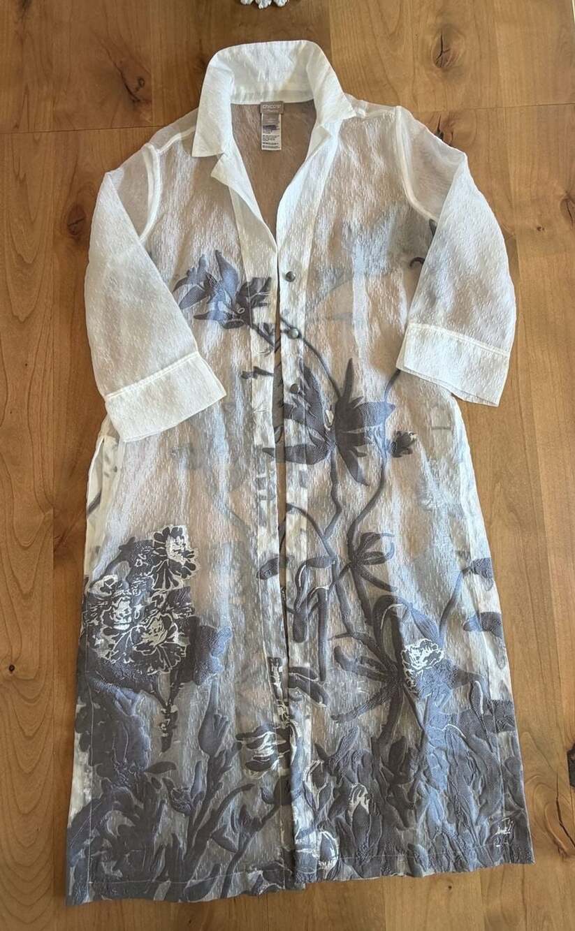 Chico'S Travelers Long Shirt Size 0 Floral Sheer White Grey